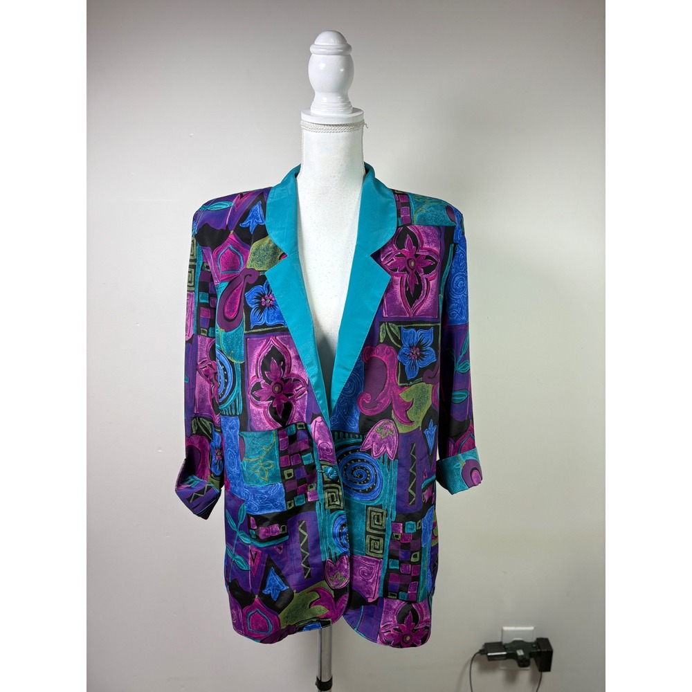 Vintage 80s 90s Abstract Floral Blazer Purple Teal Blue Oversized Shawl Collar